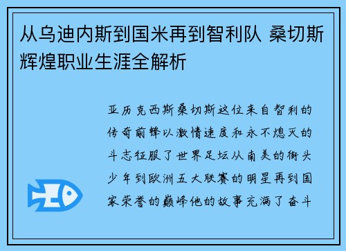 从乌迪内斯到国米再到智利队 桑切斯辉煌职业生涯全解析 从乌迪内斯到国米再到智利队 桑切斯辉煌职业生涯全解析