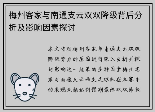梅州客家与南通支云双双降级背后分析及影响因素探讨 梅州客家与南通支云双双降级背后分析及影响因素探讨